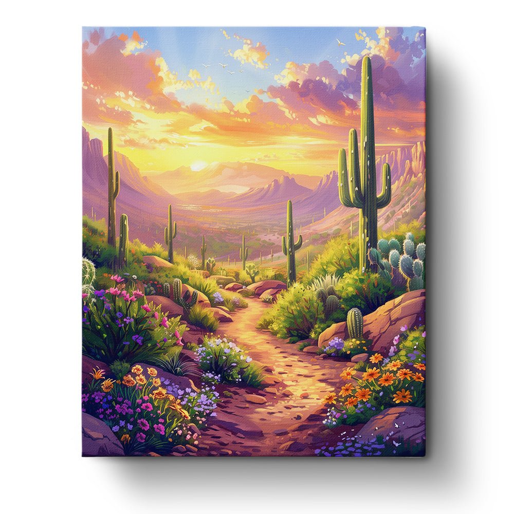 Fixed paint by numbers, 24 colors, 16x20in. Vibrant desert scene with cacti. Ideal for relaxation and creativity.