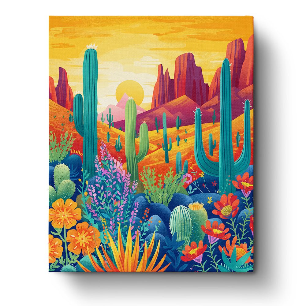 Fixed paint by numbers, 24 colors, 16x20in. Colorful desert with cacti. Great for relaxation and joy.