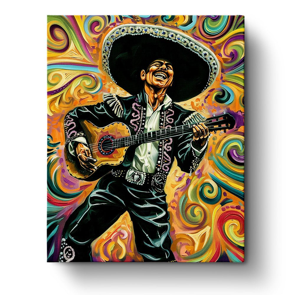 Fixed kit, 24 colors, 16x20in. Joyful mariachi singer in bold hues. Perfect for relaxation.