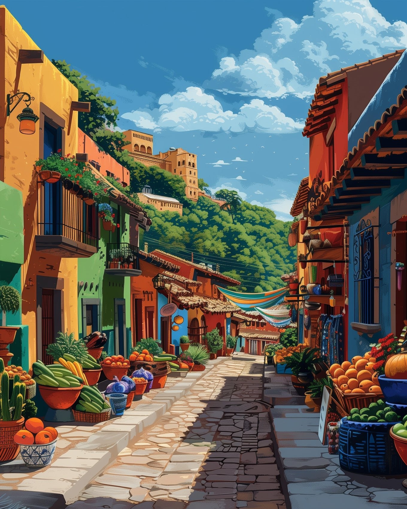 Fixed paint-by-number kit, 24 colors, 16x20in. Colorful market street. A delightful creative escape with vibrant tones.
