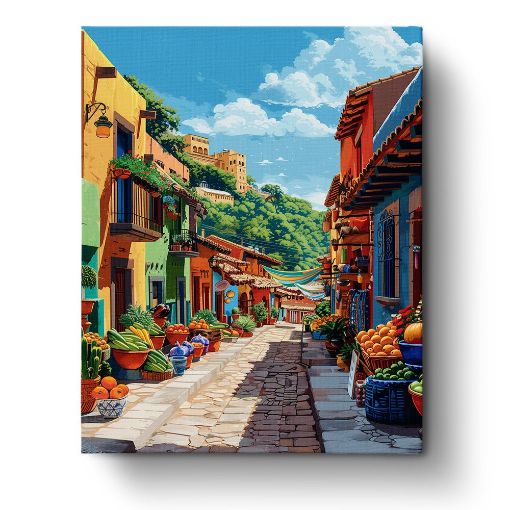 Fixed kit, 24 colors, 12x16in. Bright Mexican market scene with intricate details. Great for meditation.