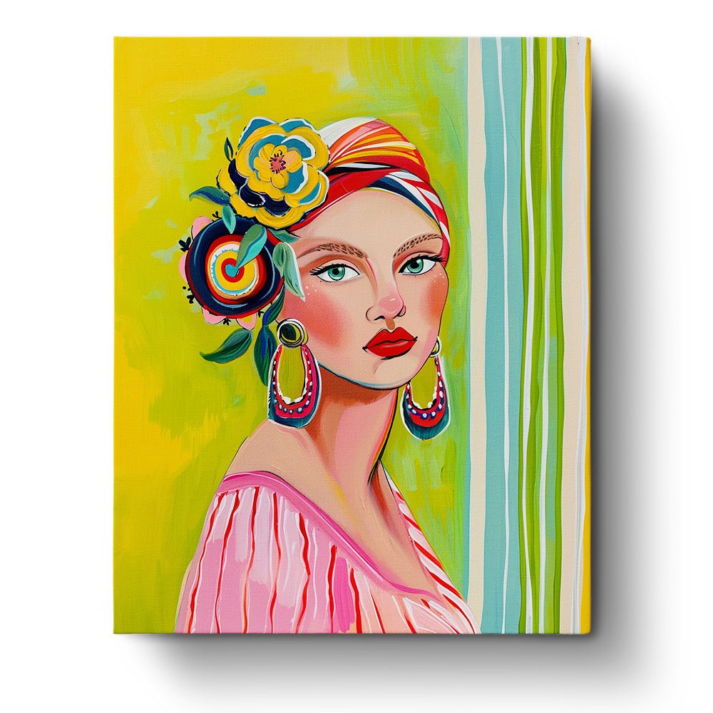 Fixed paint by number kit, 24 colors, 16x20in. Pop-style lady with vibrant patterns. Ideal for mindful relaxation.