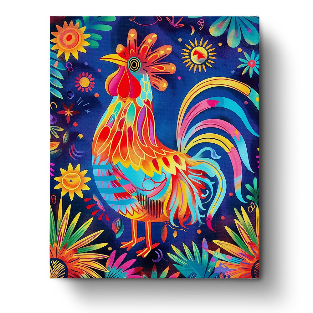 Fixed paint by numbers kit, 24 colors, 16x20in. Bright rooster with bold patterns. Perfect for stress relief and creativity.