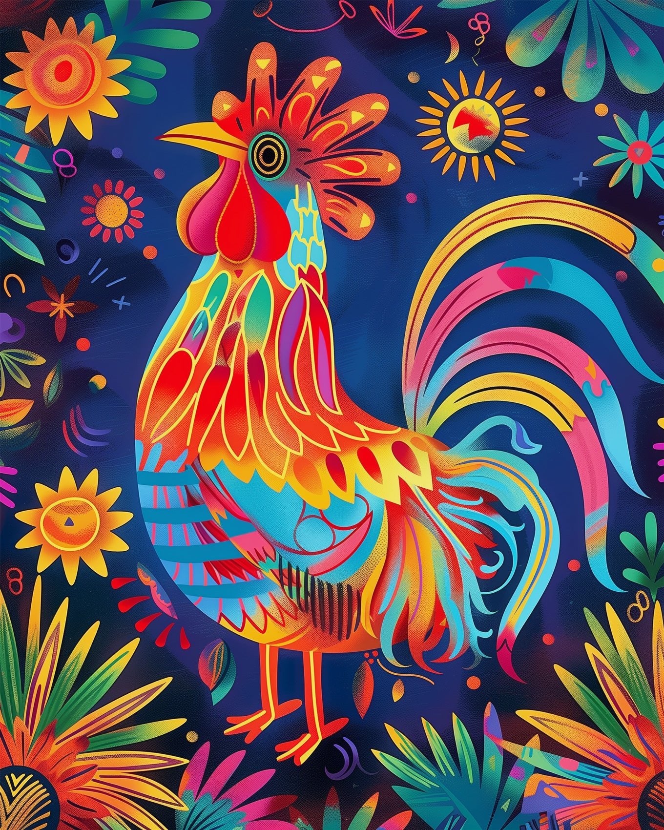 Fixed kit, 24 colors, 12x16in. Mexican Alebrije rooster with vibrant hues. A mindful and relaxing painting experience.