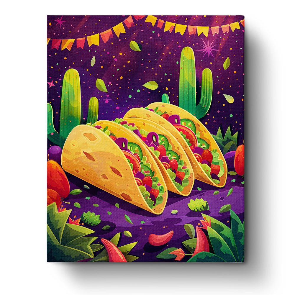 Fixed paint by numbers kit, 24 colors, 16x20in. Festive tacos and cacti scene for a creative escape.