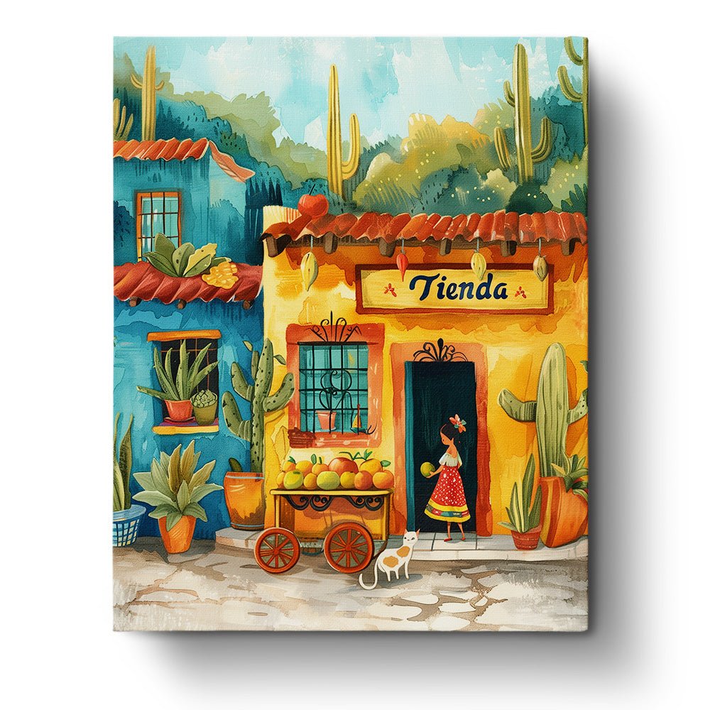 Fixed paint by numbers kit, 24 colors, 16x20in. Lively Mexican street scene. Perfect for a calming painting experience.