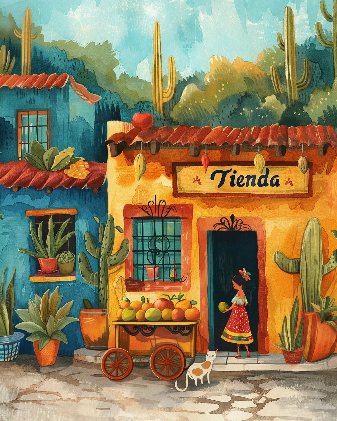 Fixed kit, 24 colors, 12x16in. Vibrant Mexican marketplace. Ideal for relaxation and mindful creativity.