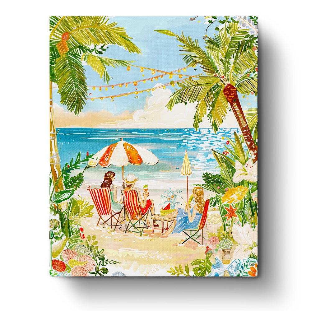 Fixed paint by numbers kit, 24 colors, 16x20in. Relaxing beach scene with chairs. Perfect for a stress-free painting day.