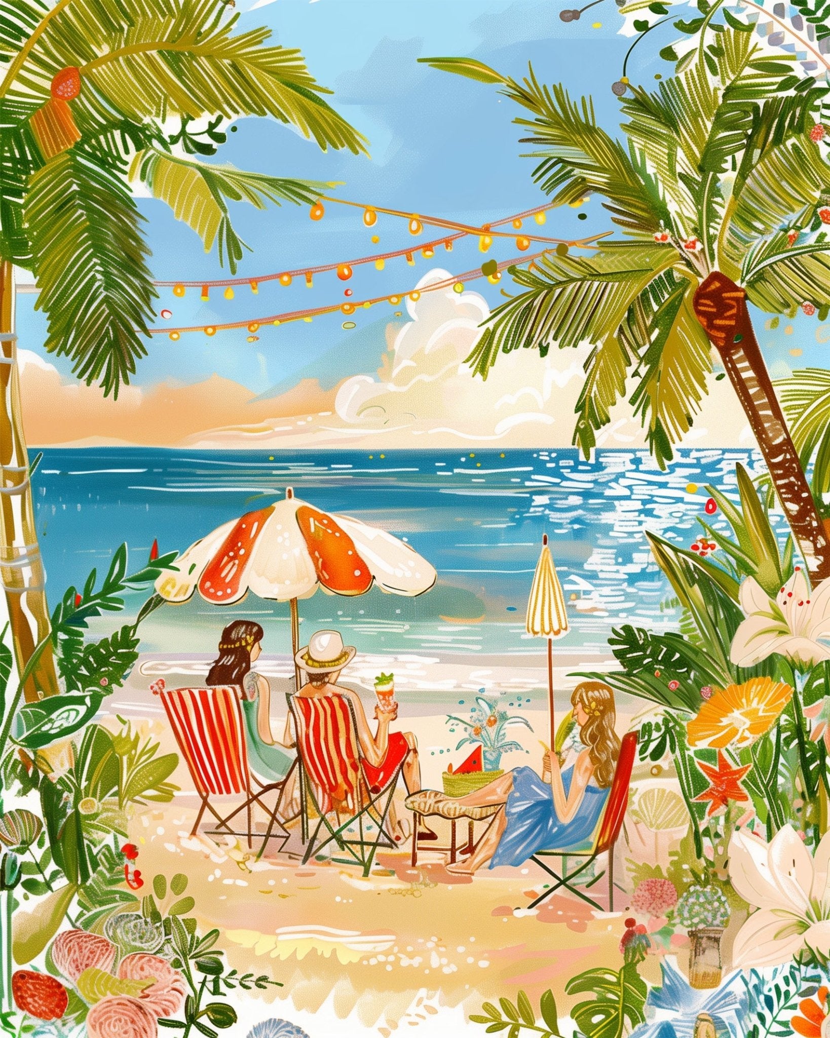 Fixed paint by numbers kit, 24 colors, 12x16in. Tropical beach vibe under palm trees. Enhances relaxation and creativity.