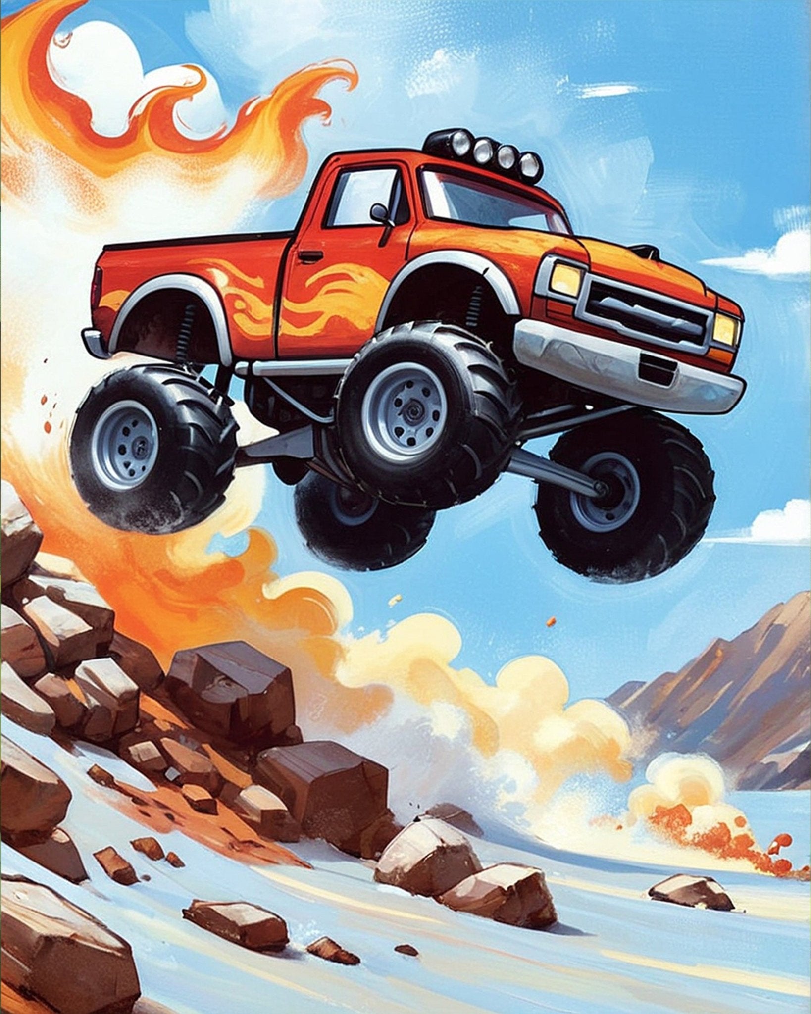 Fixed paint-by-number kit, 24 colors, 12x16in. Monster truck adventure scene. Fun and relaxing for children.
