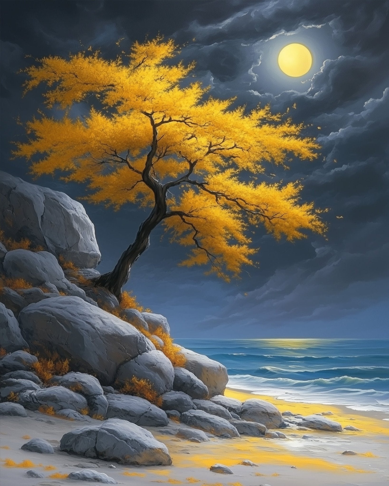 Moonlit Beach Tree - Landscape - BestPaintByNumbers - Paint by Numbers Custom Kit
