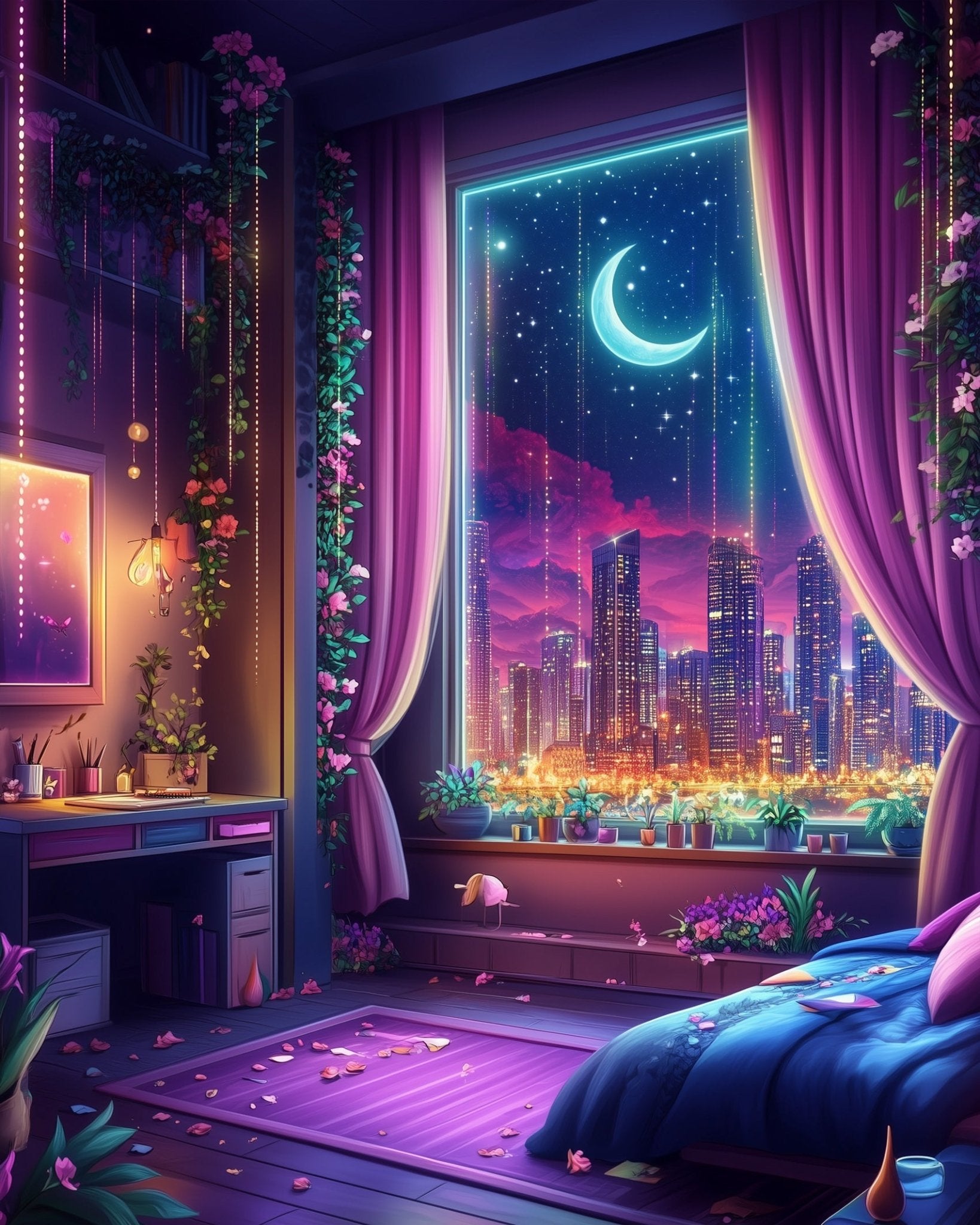 Moonlit Cityscape Retreat - Lo - Fi - BestPaintByNumbers - Paint by Numbers Custom Kit