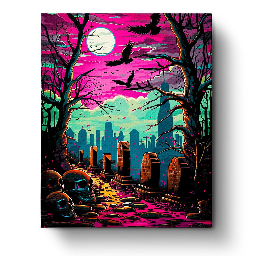 Fixed paint by numbers kit, 24 colors, 16x20in. Eerie graveyard with vivid night sky. Meditative painting.