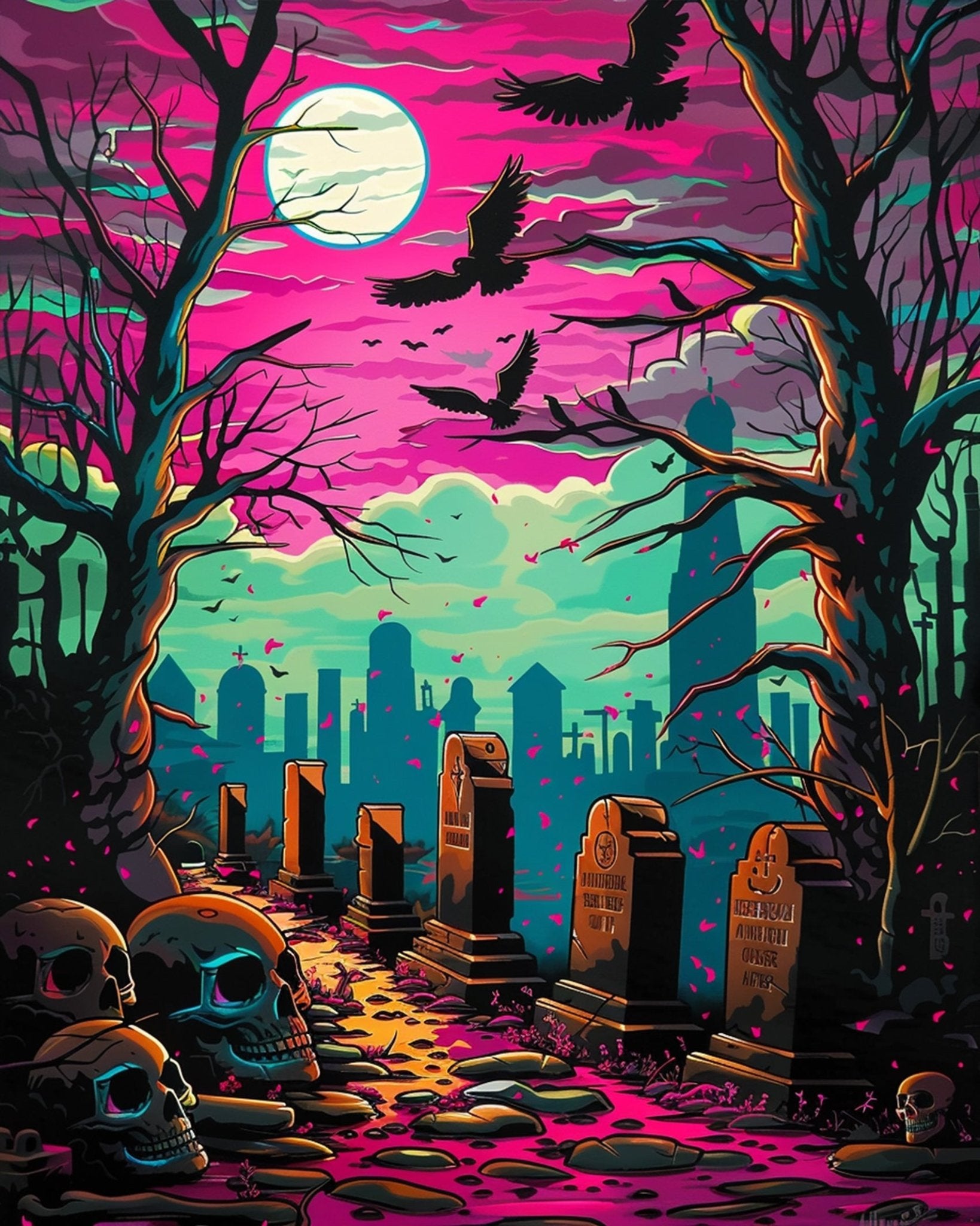 Fixed paint by numbers kit, 24 colors, 16x20in. Halloween graveyard with crows and skulls. Relaxing and creative.