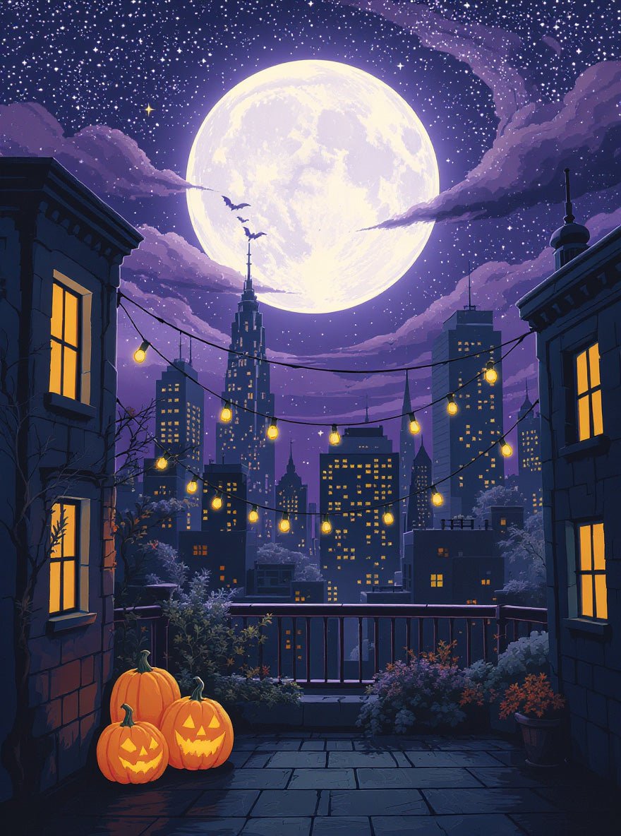 Moonlit Halloween Cityscape - Halloween - BestPaintByNumbers - Paint by Numbers Custom Kit