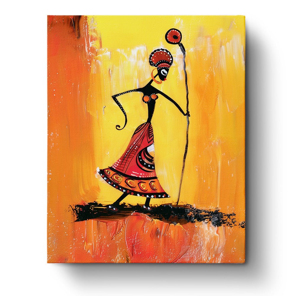 Fixed kit, 24 colors, 16x20in. Enchanted African woman with staff. Bold, vibrant art for mindful painting.