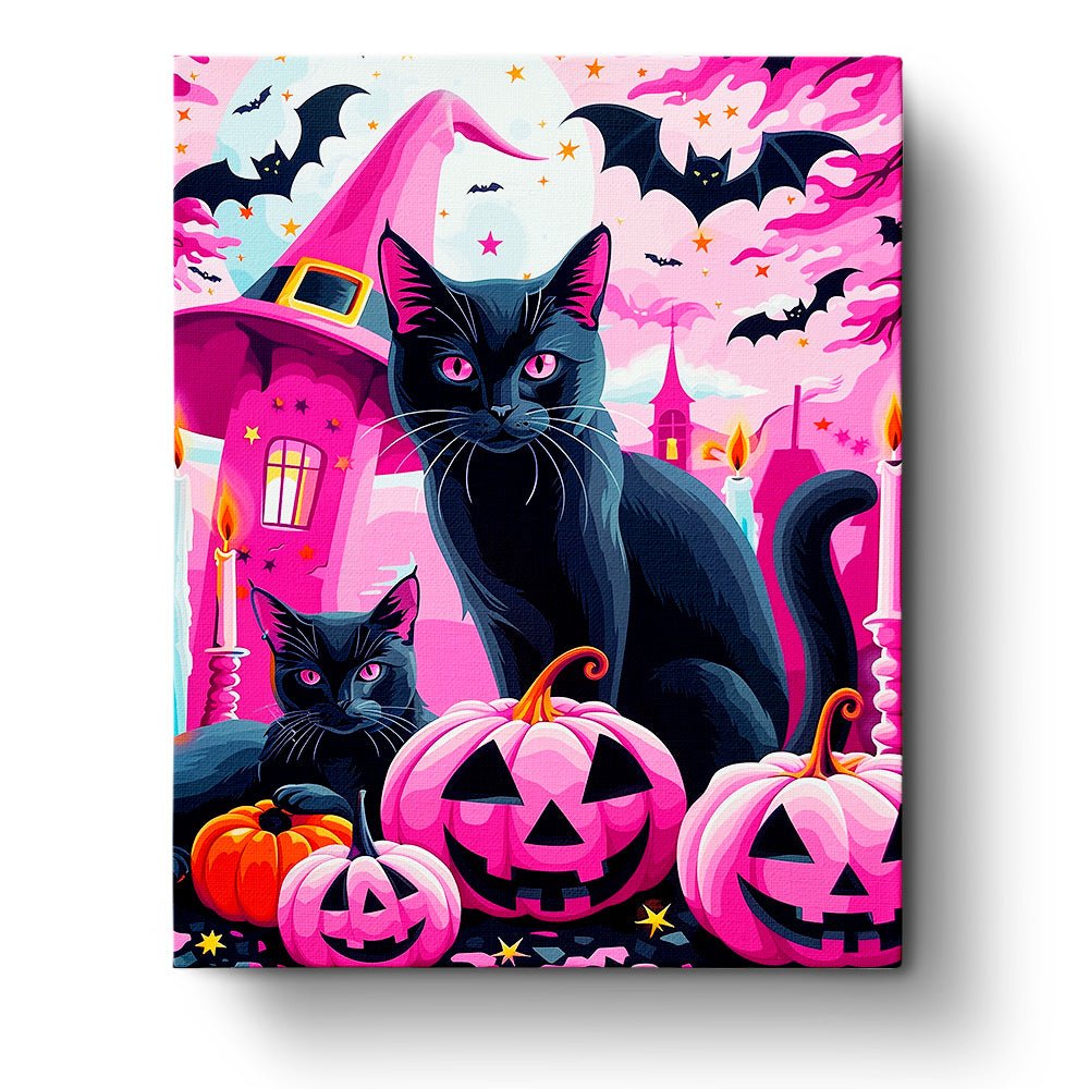Fixed paint by numbers kit, 24 colors, 16x20in. Black cats and pumpkins. Enjoy a calming, creative Halloween experience.