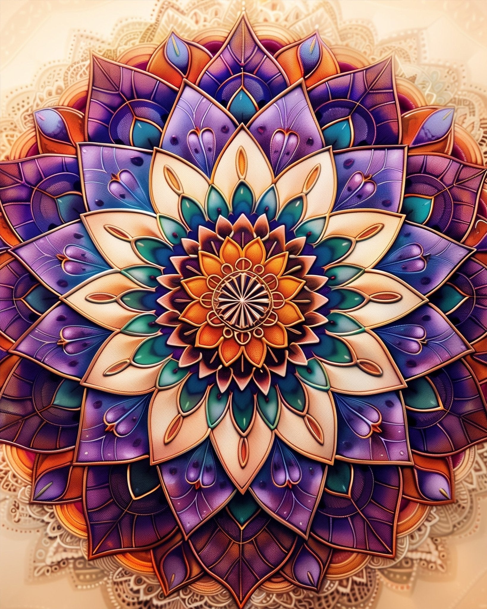 Fixed kit, 24 colors, 12x16in. Intricate lotus mandala in bright hues. Perfect for stress relief and mindfulness.