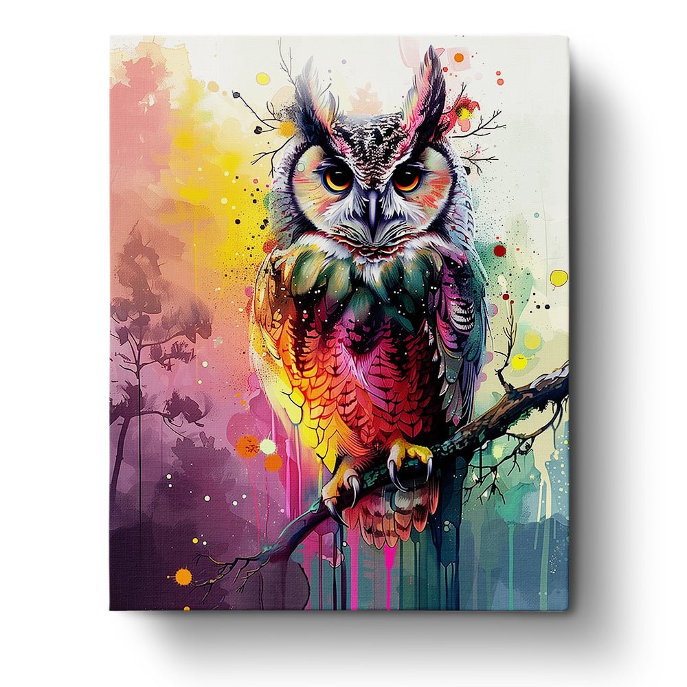 Fixed kit, 24 colors, 16x20in. Bold owl in vibrant hues. Enjoy a mindful painting journey with BestPaintByNumbers.