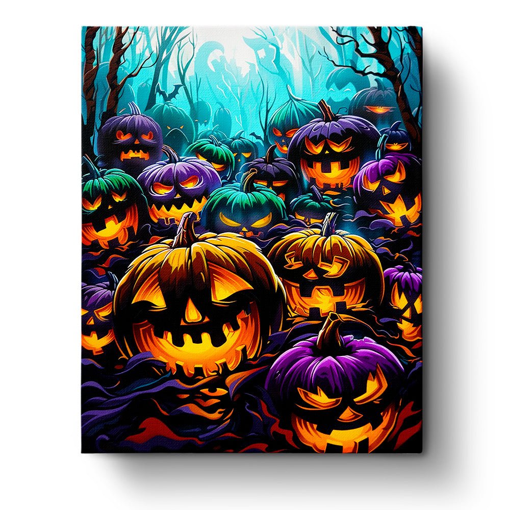 Fixed paint-by-number kit, 24 colors, 16x20in. Glowing pumpkins create an enchanting Halloween scene.