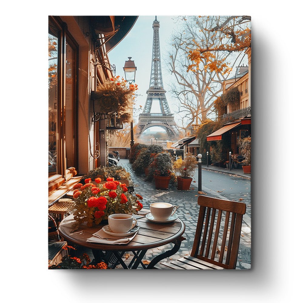 Custom paint by numbers kit, 24-48 colors, 16x20in. Cozy Paris café with Eiffel Tower. Stress-relief art activity.