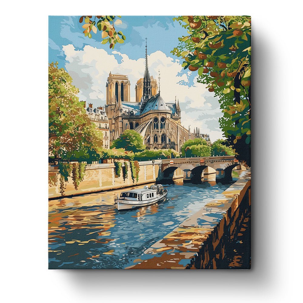 Fixed kit, 24 colors, 16x20in. Serene scene of Paris Seine with boat. A perfect mindful activity. BestPaintByNumbers.
