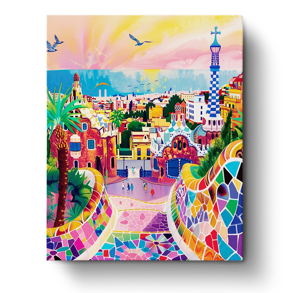 Fixed paint by numbers kit, 24 colors, 16x20in. Mosaic landscape of Park Guell. Perfect for relaxation.
