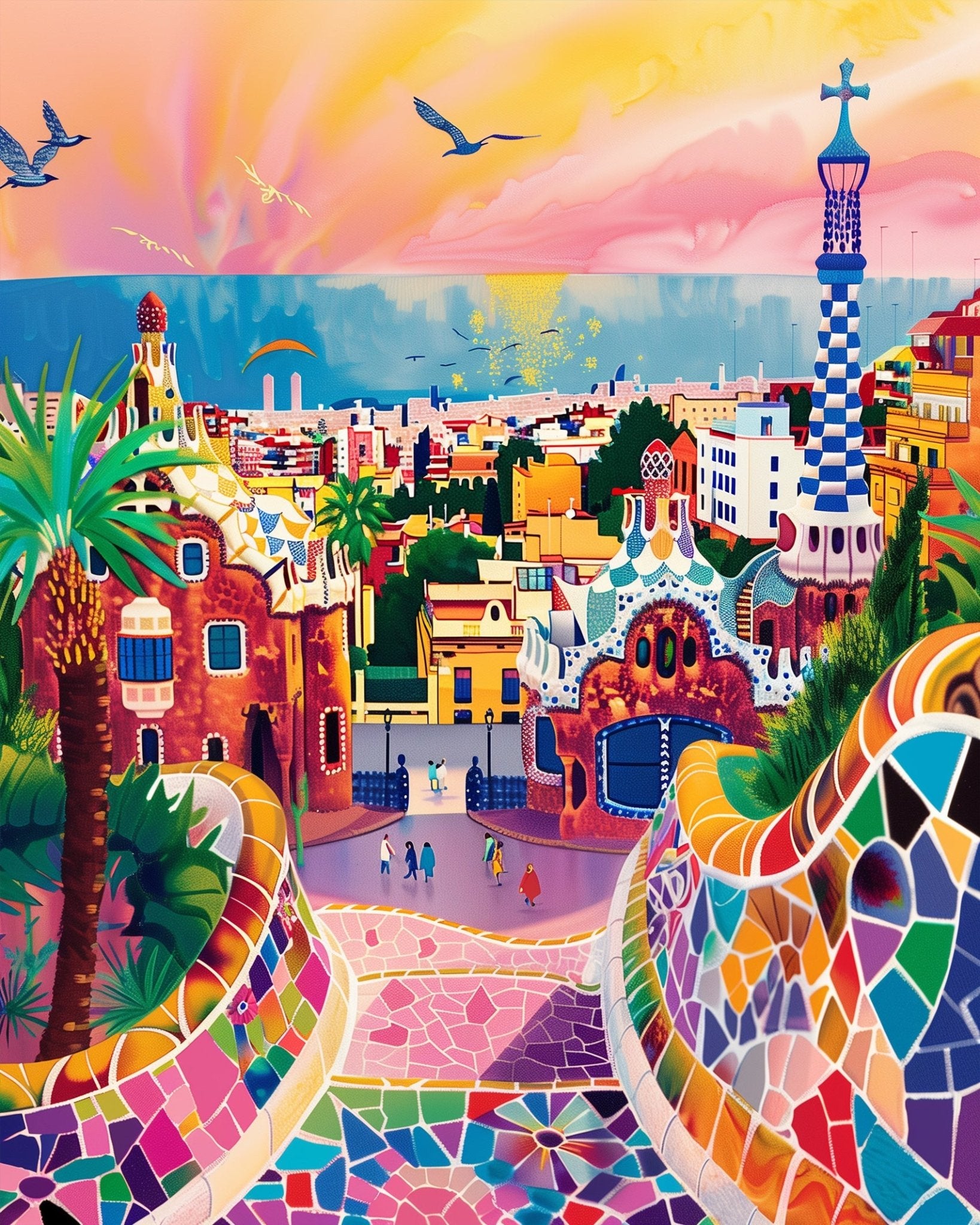 Fixed kit, 24 colors, 12x16in. Captivating scene of Park Guell with bold patterns. Ideal stress-relief art.