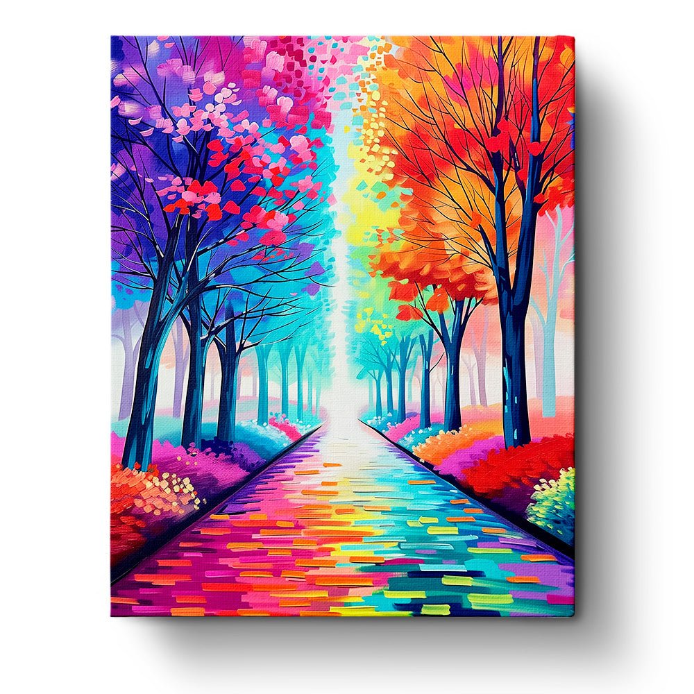 Fixed paint by numbers kit, 24 colors, 16x20in. Dreamy path with vibrant trees. Meditative painting experience.