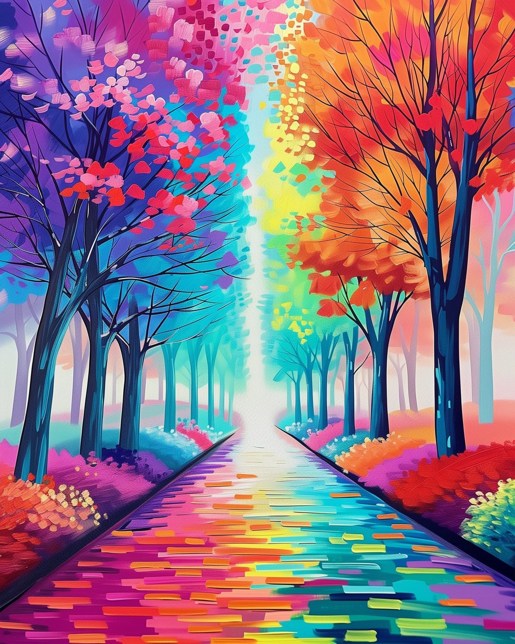 Fixed kit, 24 colors, 16x20in. Colorful scenic path with bold strokes. Ideal for stress relief and creativity.