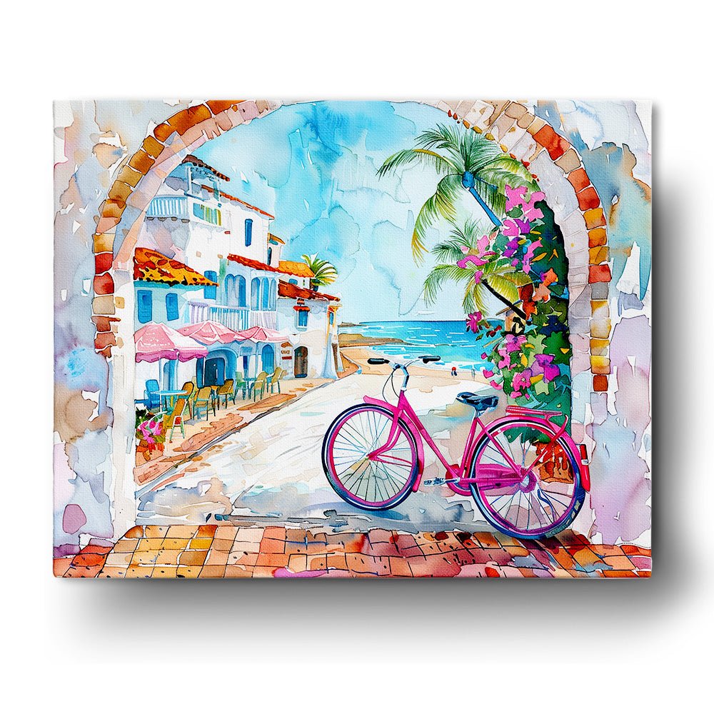 Fixed kit, 24 colors, 16x20in. Pink bike on a beach. Enjoy a serene painting session with vibrant hues.