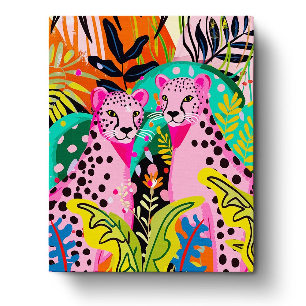 Fixed paint by number kit, 24 colors. Pink cheetahs in jungle. Relaxing and vibrant art for mindfulness.
