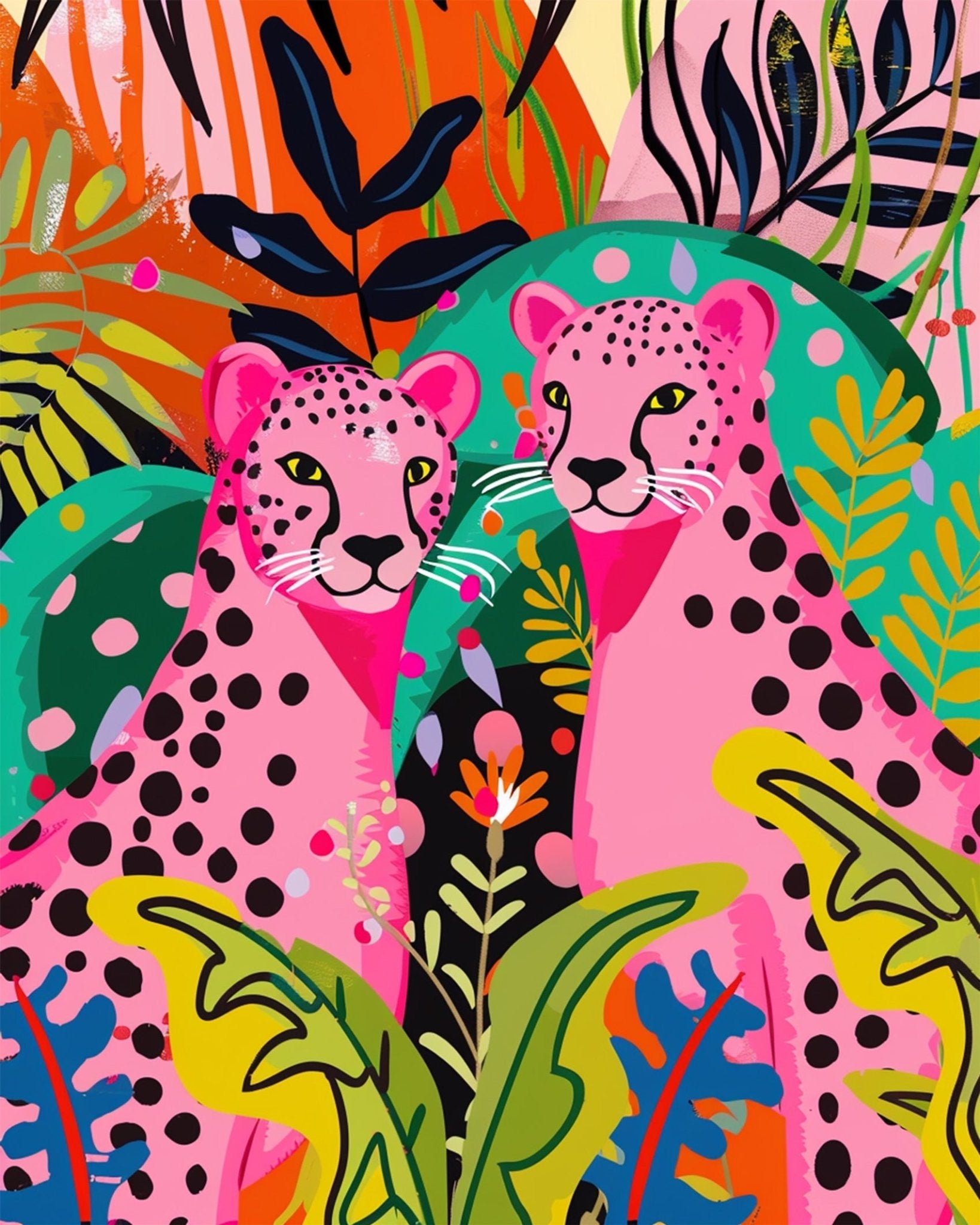 Fixed kit, 24 colors, 16x20in. Bold, abstract pink cheetahs. Perfect for a creative, stress-free painting experience.