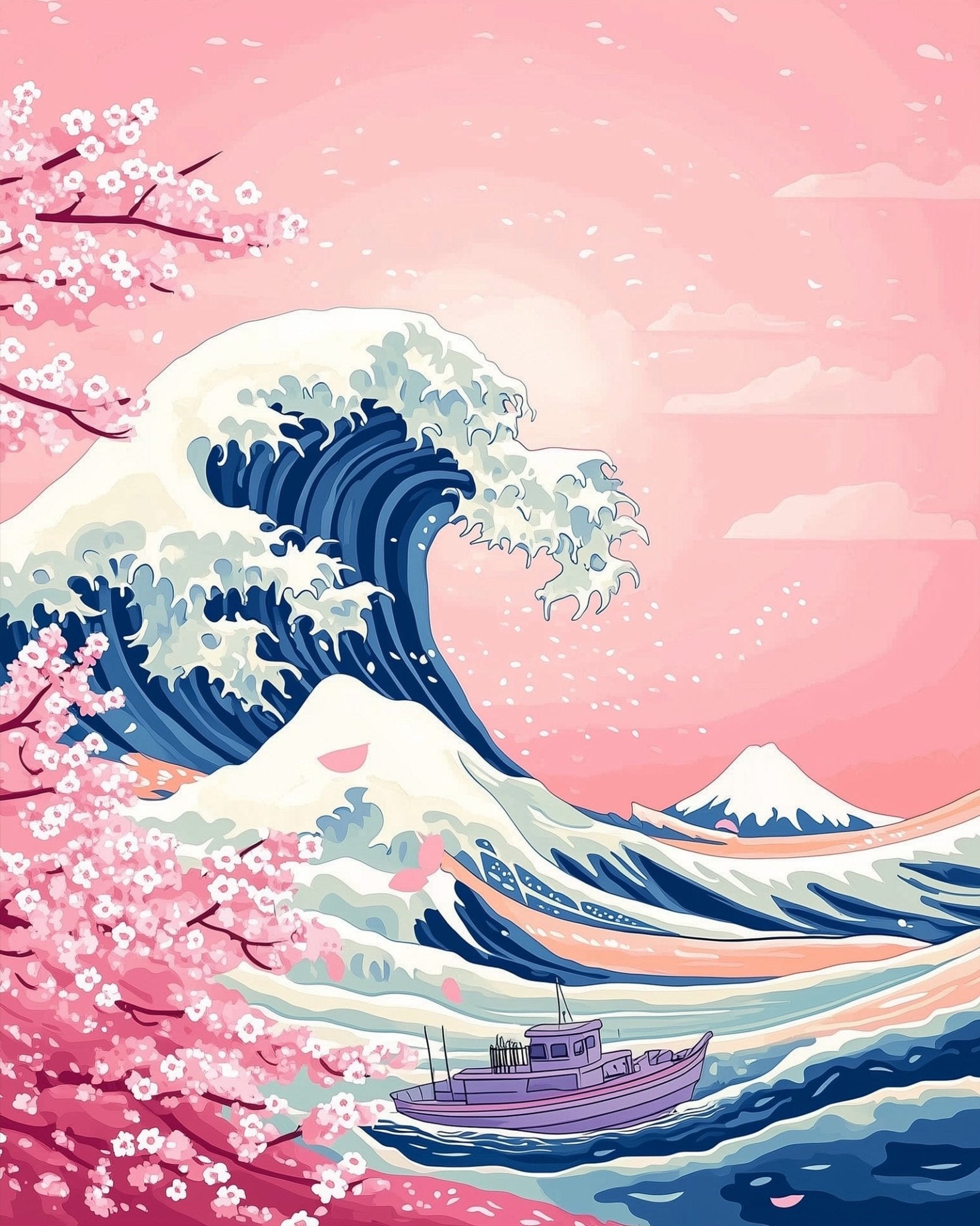 Pink Ocean Wave and Blossoms - Asian Art - BestPaintByNumbers - Paint by Numbers Custom Kit