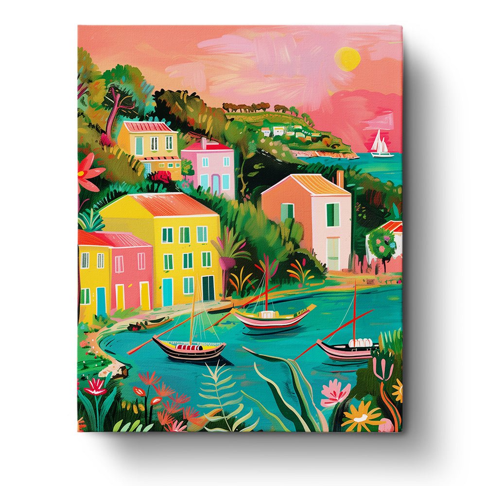 Fixed paint by number kit, 24 colors. Charming Porto harbor with bold colors. Ideal for relaxation and creativity.