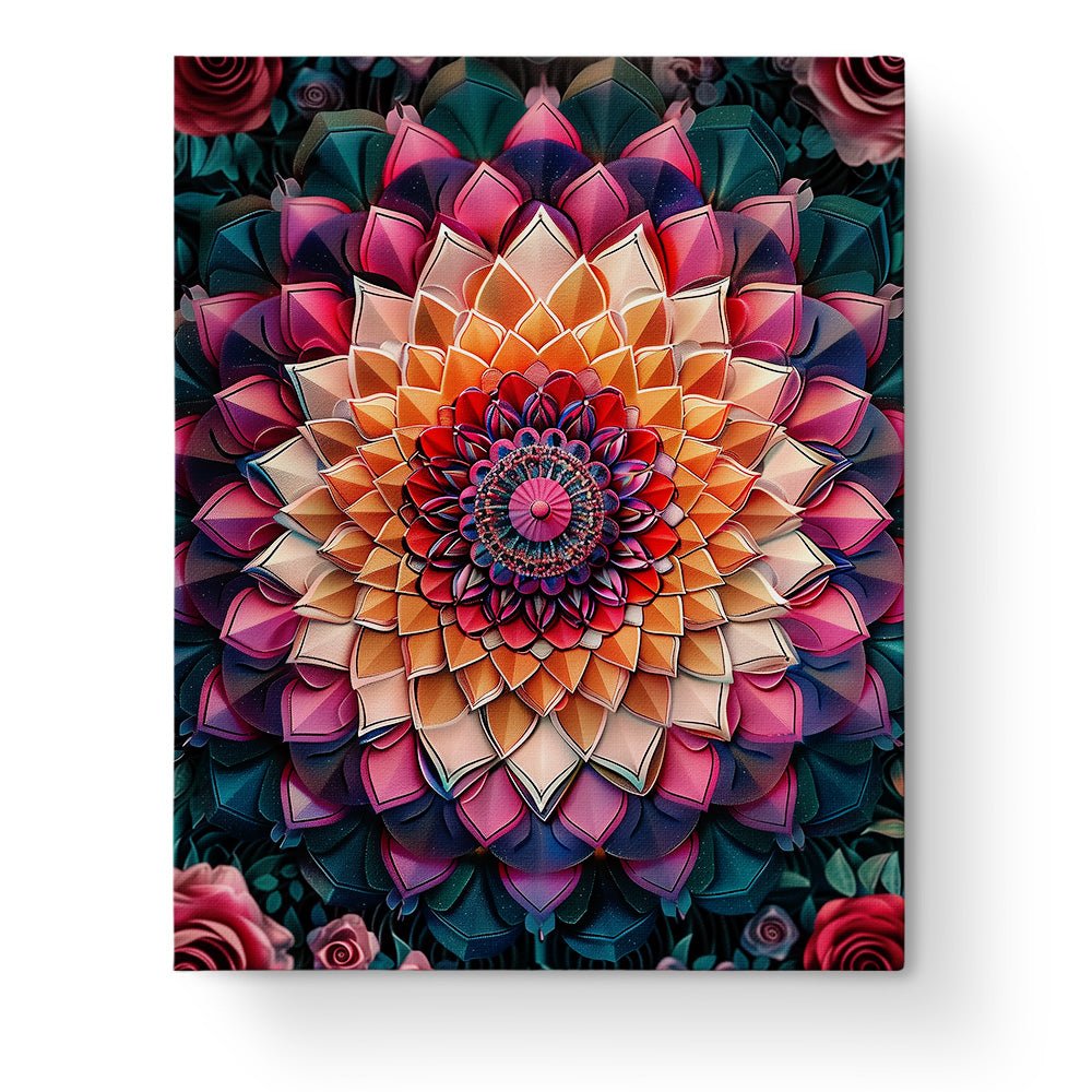 Fixed paint by numbers kit, 24 colors, 16x20in. Radiant mandala with vibrant layers for a meditative experience.