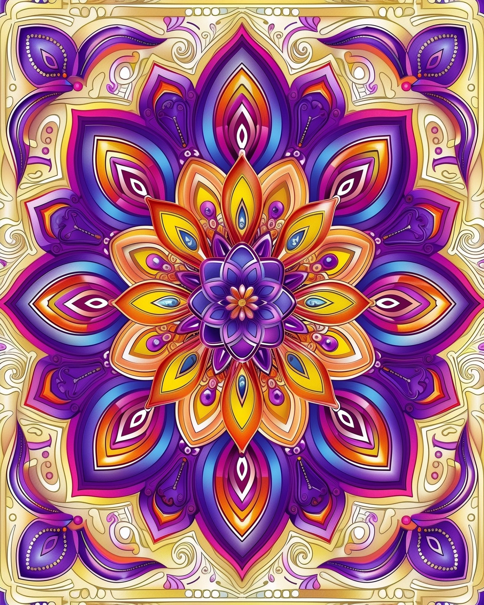 Fixed kit, 24 colors, 16x20in. Bold purple and gold mandala design. Ideal for relaxation and mindfulness.