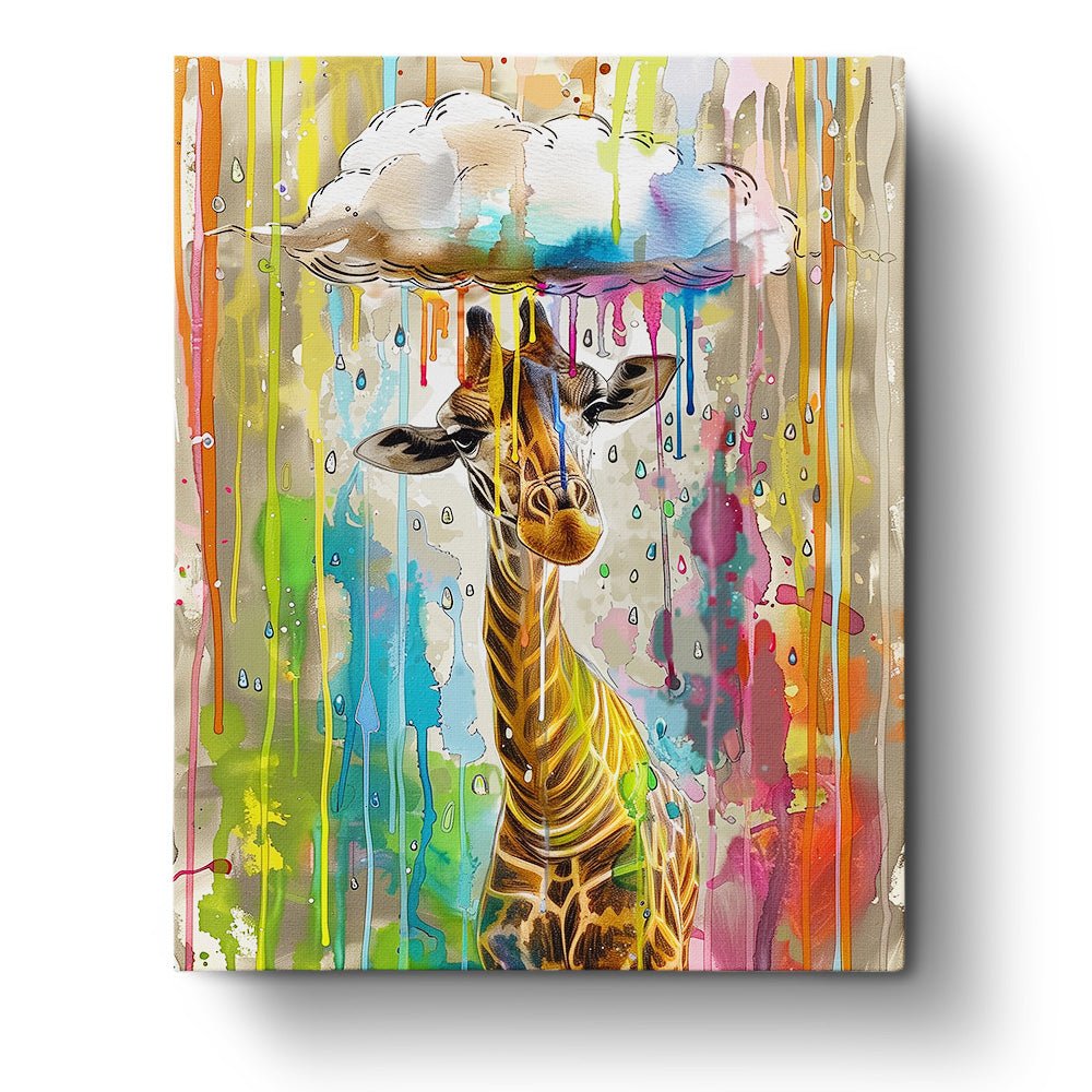 Fixed paint by numbers kit, 24 colors, 16x20in. Rainbow giraffe under a cloud. Enjoy a calming art session.