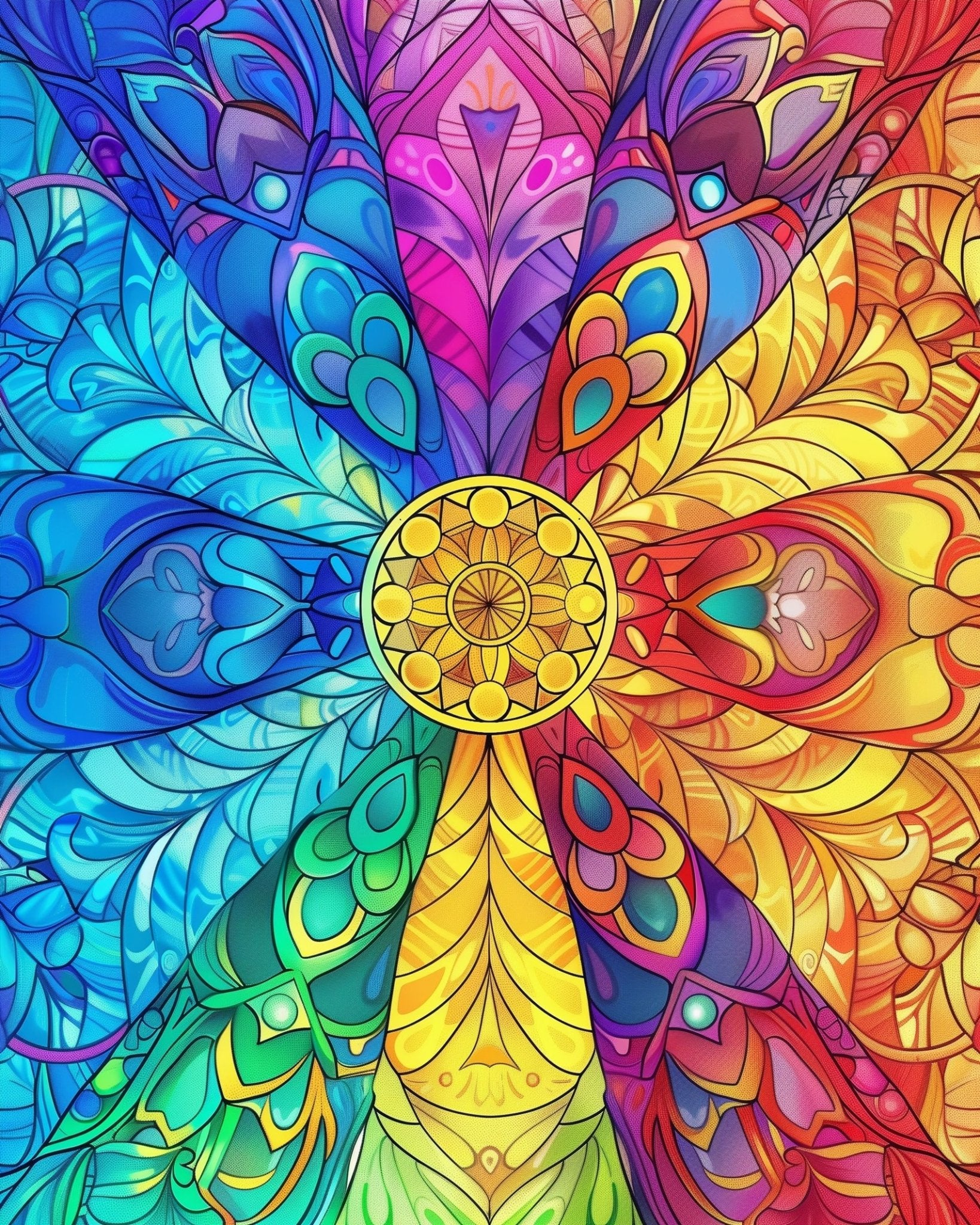 Rainbow mandala, fixed kit with 24 colors, 12x16 inches. Perfect for stress relief with bold, colorful mandala art.