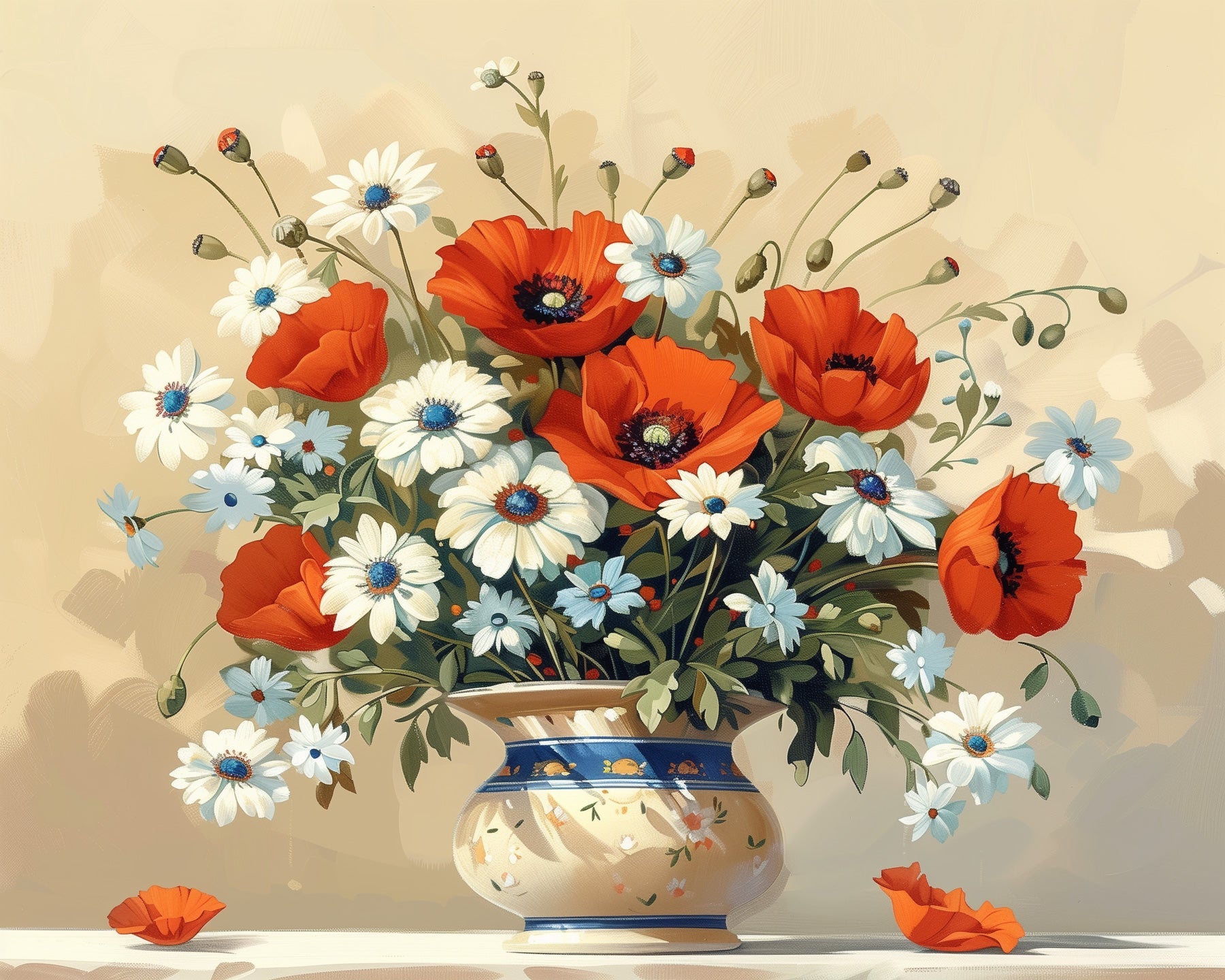 Fixed kit, 24 colors, 16x20in. Bold red flowers with daisies. Enjoy a mindful painting experience.