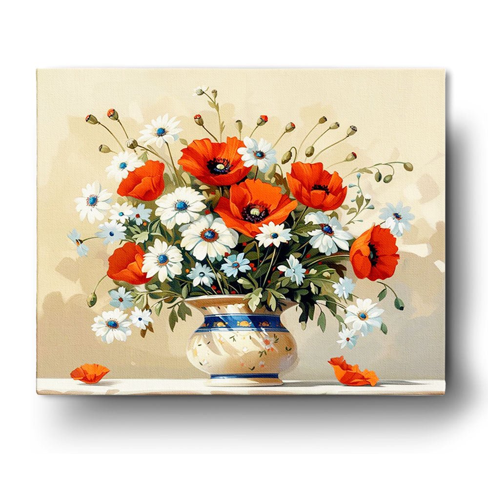 Fixed paint-by-number kit, 24 colors, 16x20in. Red and white flowers in a vase. Perfect for stress relief.