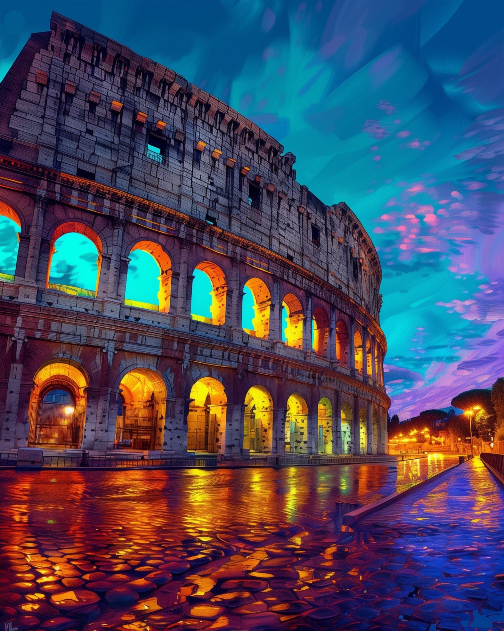 Fixed kit, 24 colors, 12x16in. Rome Colosseum with glowing arches. Perfect for a mindful painting session with BestPaintByNumbers.