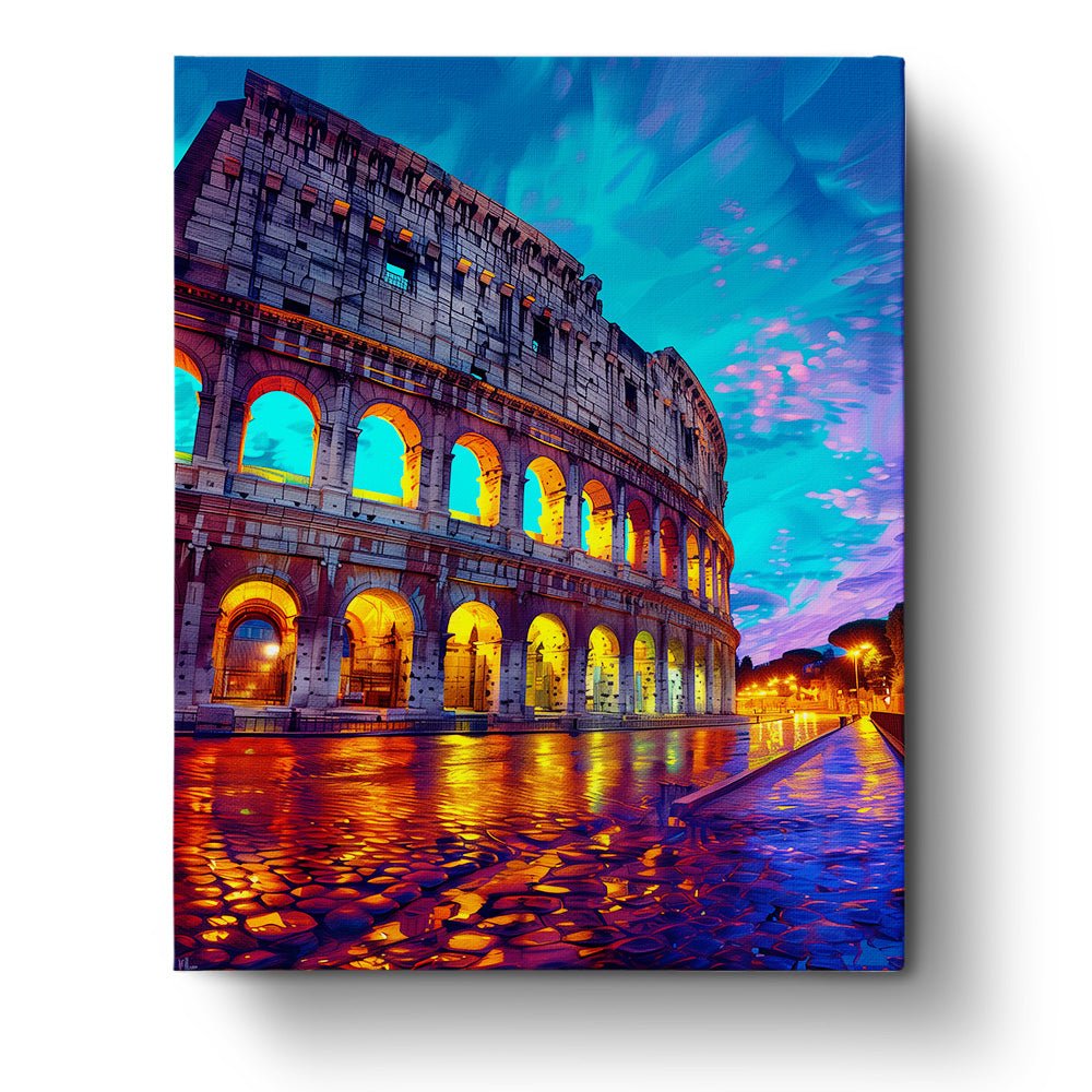 Fixed paint by numbers kit, 24 colors, 16x20in. Vibrant Colosseum under a colorful sky. BestPaintByNumbers relaxation art.