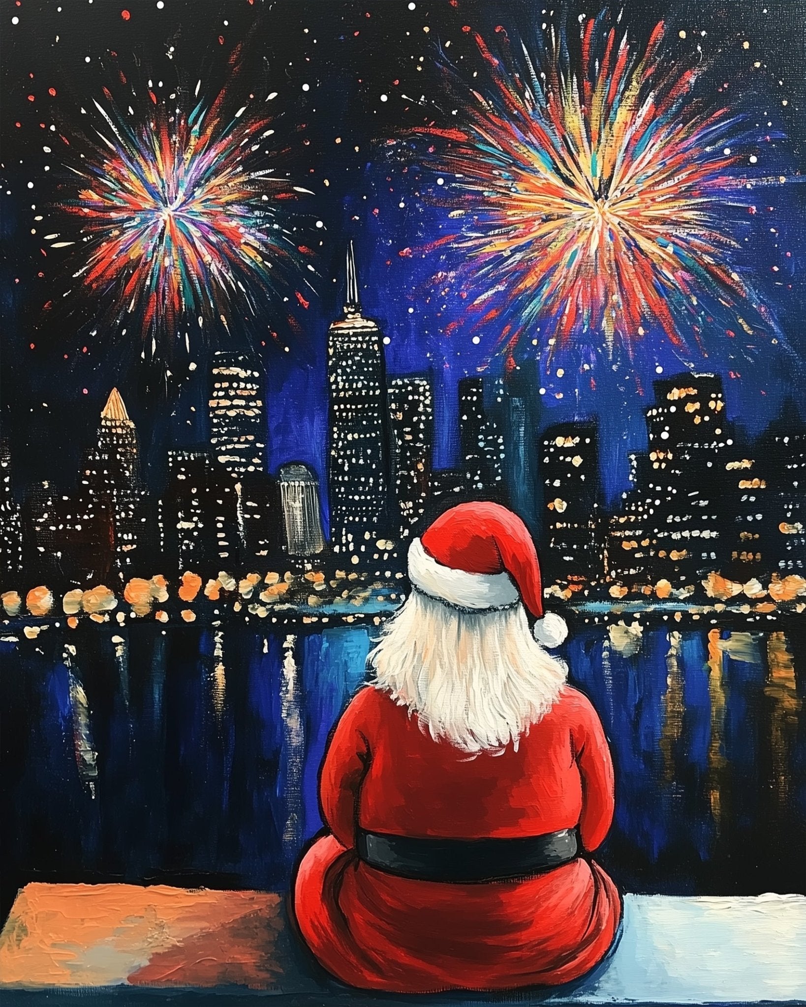 Santa Overlooking City Fireworks - Christmas - BestPaintByNumbers - Paint by Numbers Custom Kit