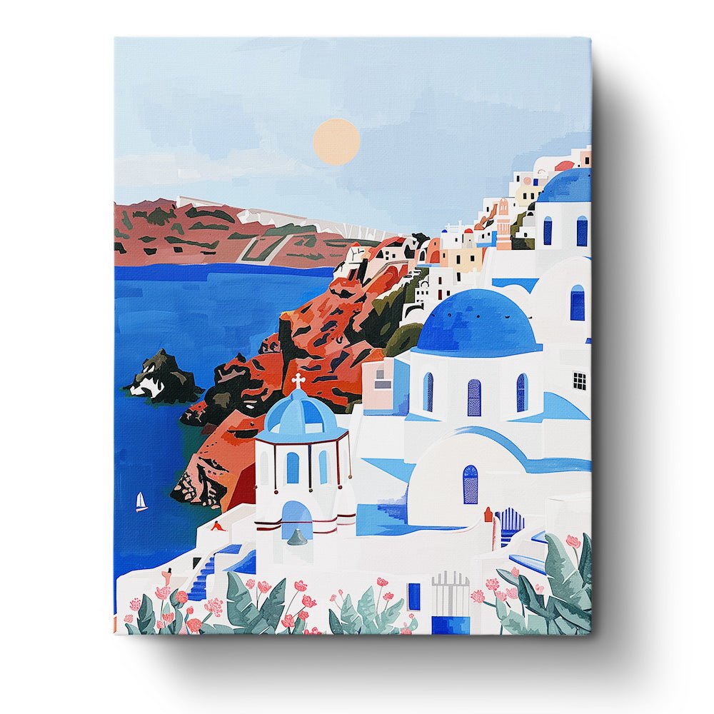 Fixed paint by numbers kit, 24 colors, 16x20in. Santorini's blue domes and sea. Relax and unwind with BestPaintByNumbers.