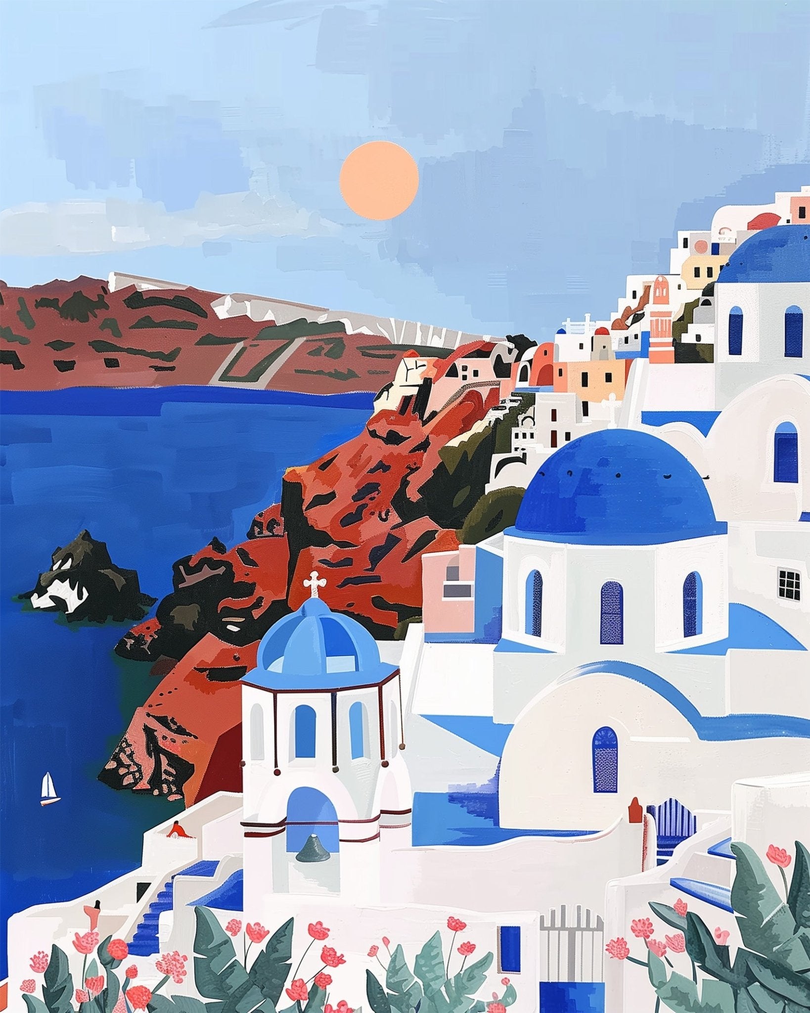 Fixed kit, 24 colors, 16x20in. Stunning Santorini scene with bold colors. Perfect for a calming and creative escape.
