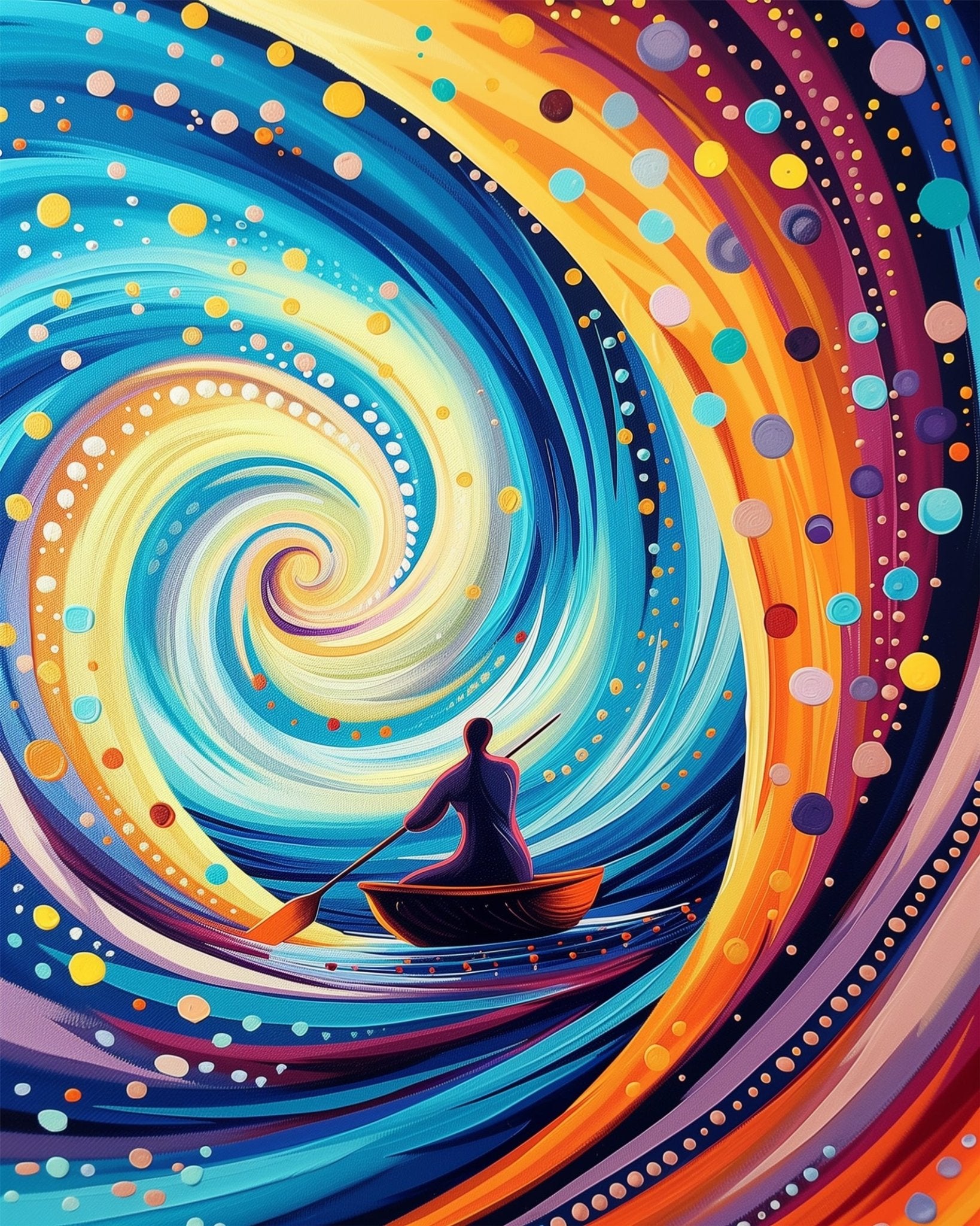 Fixed kit, 24 colors, 16x20in. Celestial swirl with a lone boat. Experience stress relief and creative joy.