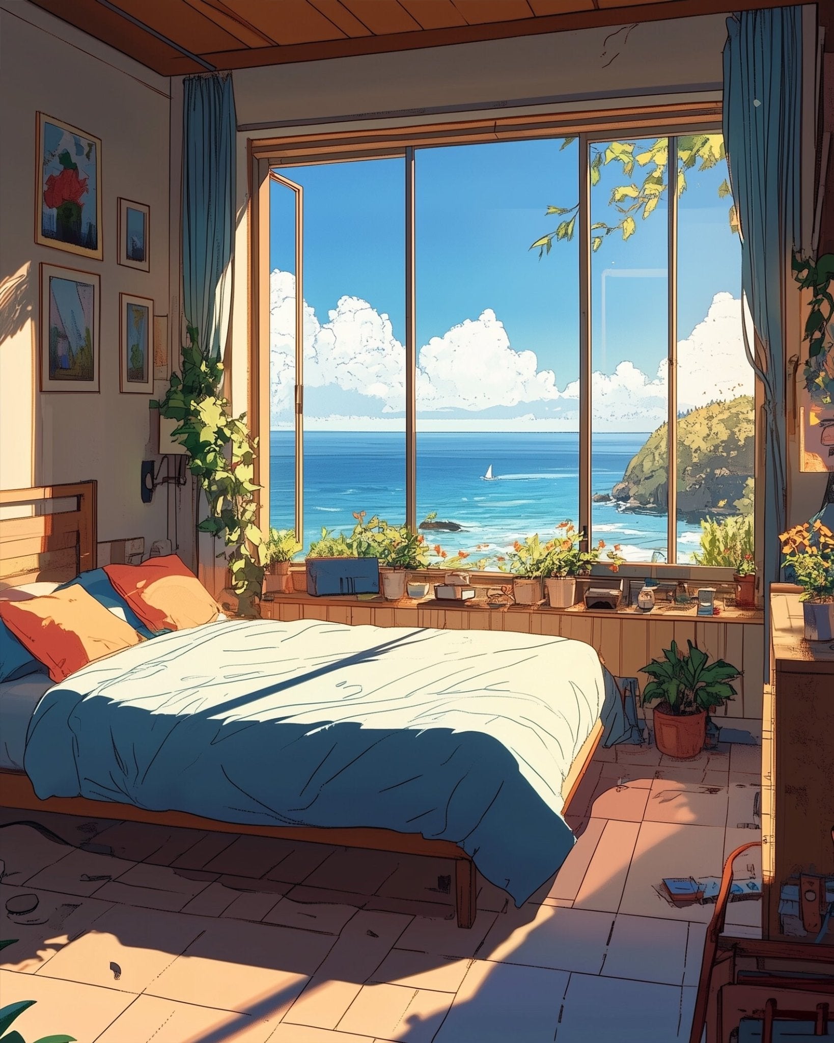 Serene Beach View from Bedroom - Lo - Fi - BestPaintByNumbers - Paint by Numbers Custom Kit