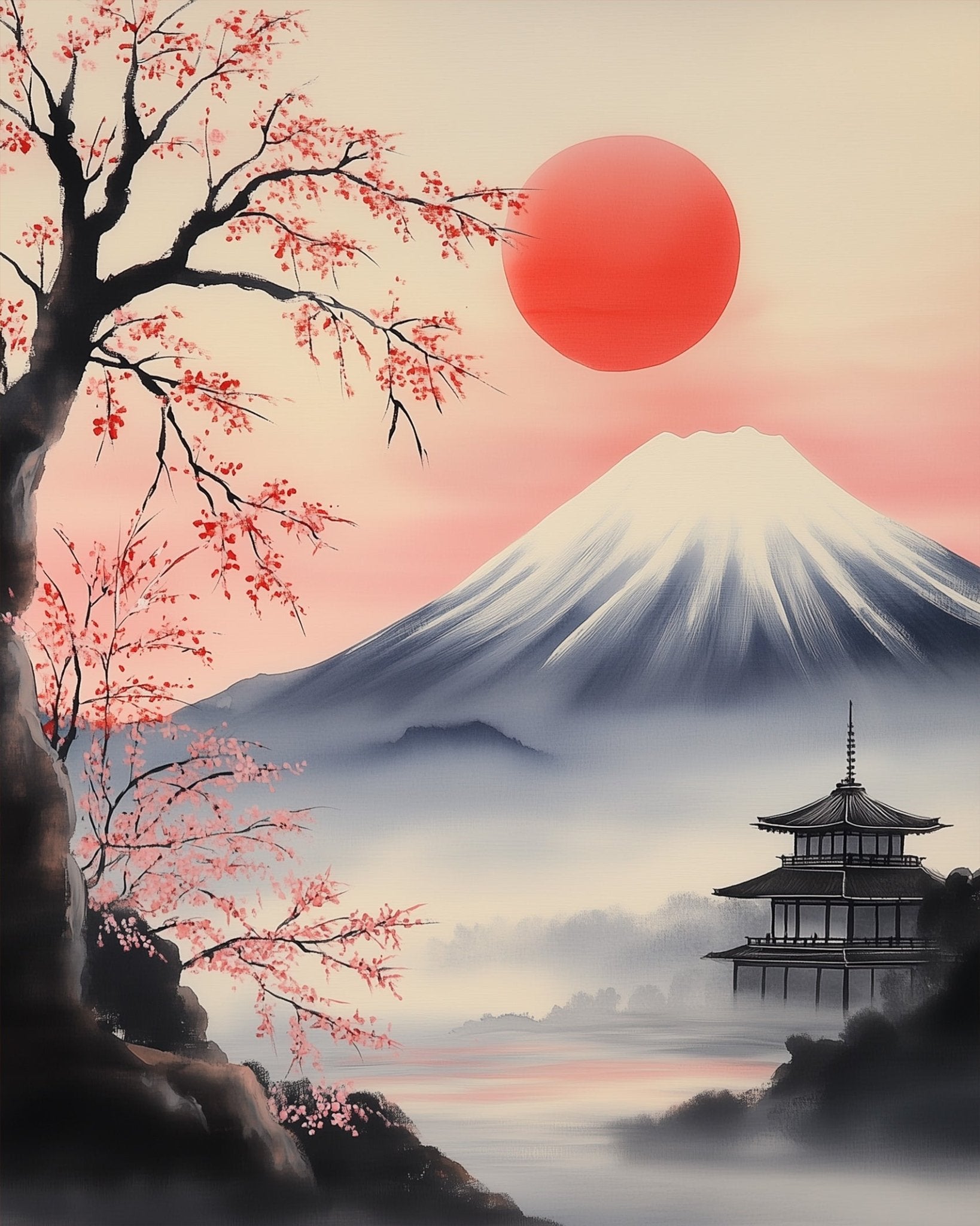 Serene Mountain Temple at Sunset - Asian Art - BestPaintByNumbers - Paint by Numbers Custom Kit