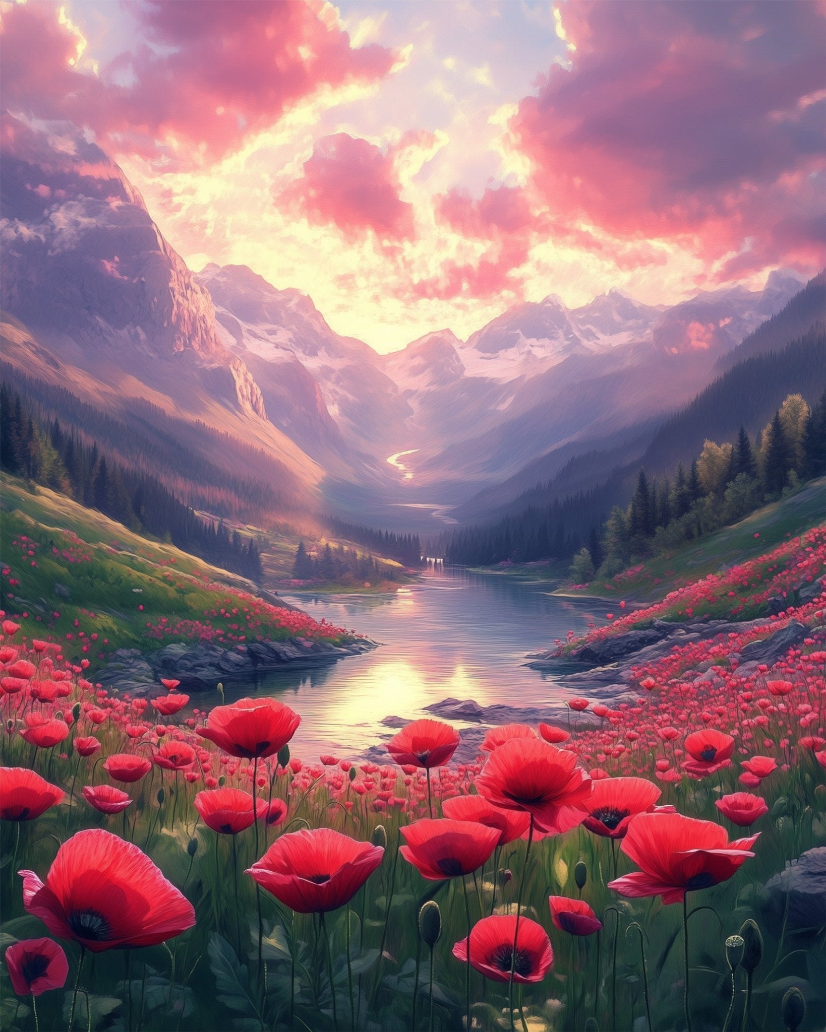 Serene Poppy Valley - Landscape - BestPaintByNumbers - Paint by Numbers Custom Kit